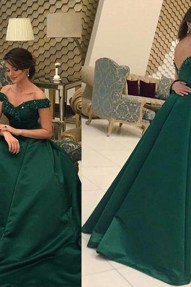 Forest Green Beaded Embellished Off-the-shoulder Plunge V Floor Length Formal Dress, Prom Dress