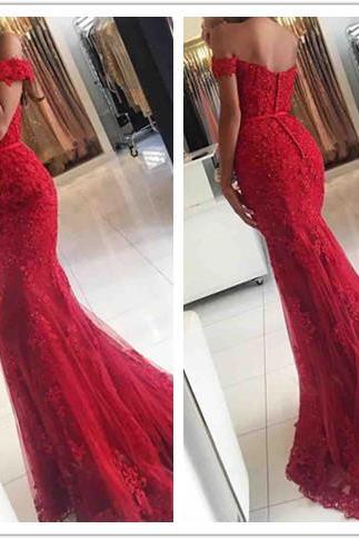 Red Prom Dresses,Charming Evening Dress,Off The shoulder Prom Gowns,Lace Prom Dresses,New Prom Gowns,Red Evening Gown,mermaid Party Dresses