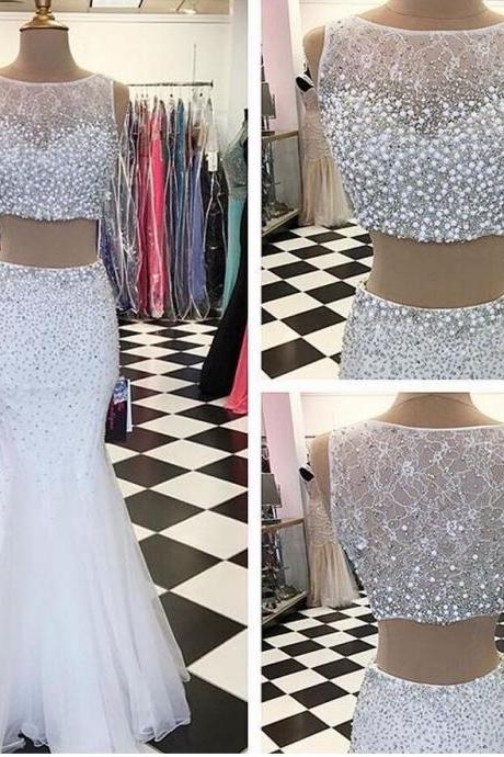 Sexy Prom Dresses,2 pieces Evening Dresses,New Fashion Prom Gowns,Elegant Prom Dress,Princess Prom Dresses,White Evening Gowns,White Formal Dress,White Evening Gown