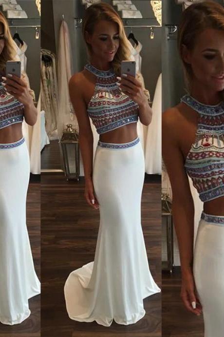 Sexy Prom Dresses,2 pieces Evening Dresses,New Fashion Prom Gowns,Elegant Prom Dress,Princess Prom Dresses,White Evening Gowns,White Formal Dress,White Evening Gown