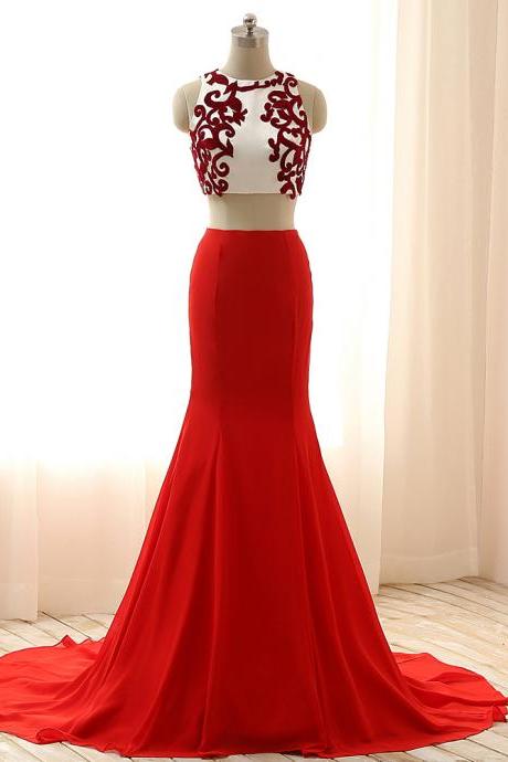2 Piece Prom Gown,two Piece Prom Dresses,red Evening Gowns,2 Pieces Party Dresses,chiffon Evening Gowns,simple Formal Dress,bling Formal Gowns