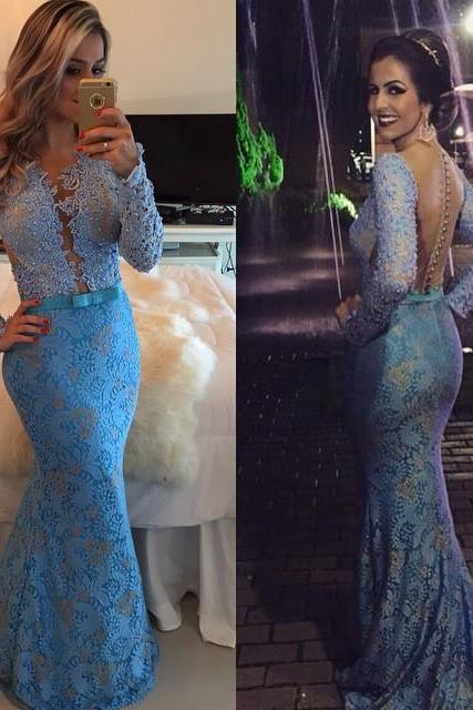 Lace Prom Dresses,blue Prom Dress,modest Prom Gown,blue Prom Gown,evening Dress,backless Evening Gowns,party Gowns