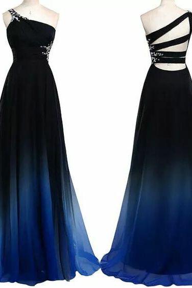 Gradient Prom Dress,ombre Evening Dress,beaded One Shoulder Prom Dresses,royal Blue Prom Gowns,chiffon Formal Gowns,teens Bridesmaid Gown For