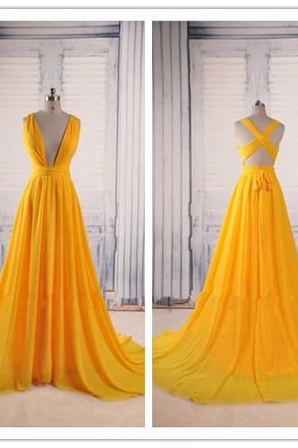 Yellow Prom Dresses,backless Prom Gown,open Back Evening Dress,chiffon Prom Dress,sexy Evening Gowns,yellow Formal Dress,wedding Guest Prom Gowns