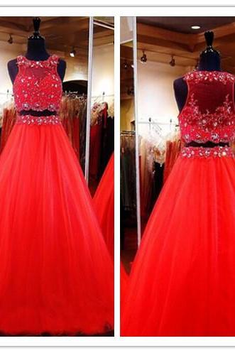 2 Piece Prom Gown,two Piece Prom Dresses,red Evening Gowns,2 Pieces Party Dresses,tulle Evening Gowns,sparkle Formal Dress,bling Formal Gowns For