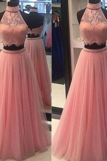 Pink Prom Dresses,2 Pieces Prom Gowns, Pink Prom Dresses,2 Piece Party Dresses,long Prom Gown,prom Dress,lace Evening Gown, Party Gown