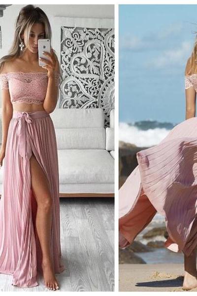 Two Piece Prom Dresses Lace Top Off The Shoulder Short Sleeves Thigh-high Slit Sexy Evening Gowns