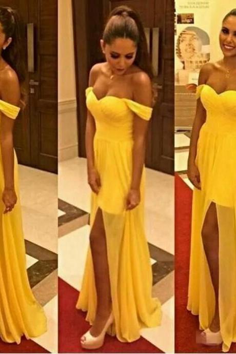 Prom Dresses,off The Shoulder Prom Gown,chiffon Evening Dress,slit Prom Dress,evening Gowns,yellow Formal Dress