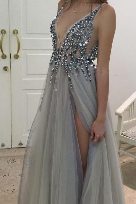 Gray Prom Dresses,beaded Prom Dress,gray Prom Dresses,formal Gown,ball Gown Evening Gowns,modest Party Dress,slit Prom Gown For Teens