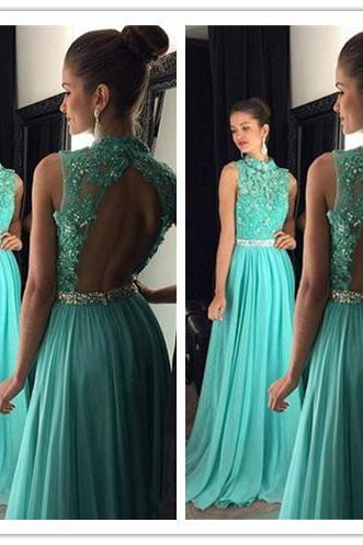 Blue Prom Dresses,chiffon Prom Dress,backless Prom Gown,beaded Prom Dresses,lace Evening Gowns, Evening Dresses
