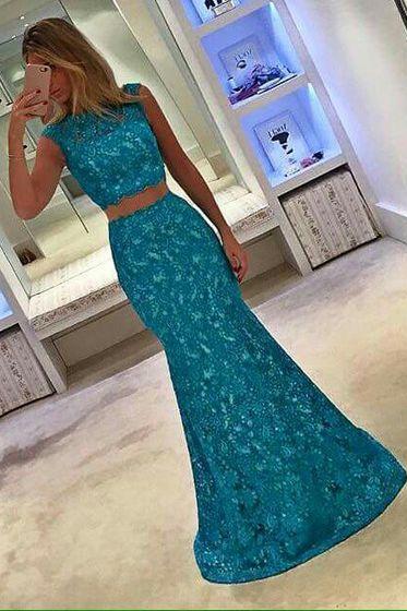 Lace Prom Dresses,Blue Prom Dress,Modest Prom Gown,Blue Prom Gown,Evening Dress,2 pieces Evening Gowns,Mermaid Party Gowns