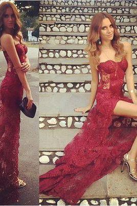 Wine Red Prom Dresses,charming Evening Dress,prom Gowns,lace Prom Dresses,2017 Prom Gown,burgundy Evening Gown,party Dresses