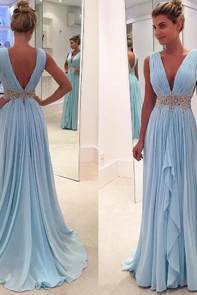 Prom Dresses,Blue Prom Dress,Modest Prom Gown,Light Blue Prom Gown,Evening Dress,Backless Evening Gowns,Party Gowns