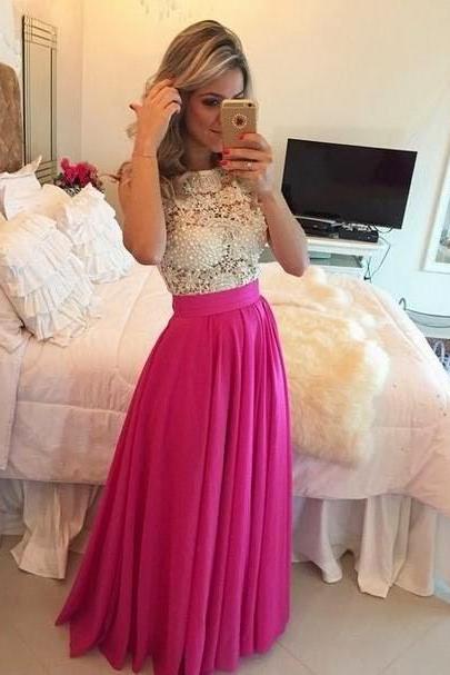 Elegant Lace Prom Dresses,Pink Chiffon White Lace Formal Evening Gowns