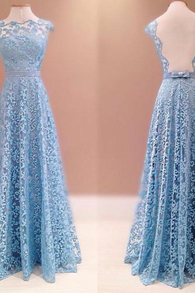 Lace Prom Dresses,Blue Prom Dress,Modest Prom Gown,A Line Prom Gown,Evening Dress,Backless Evening Gowns,Party Gowns