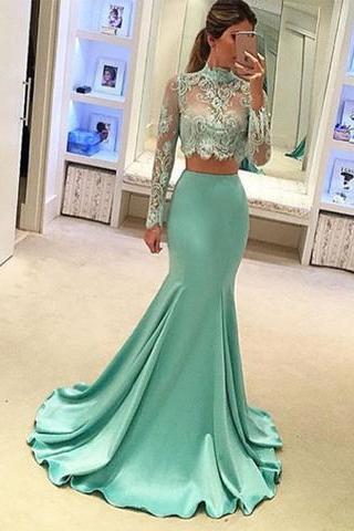 New Arrival Prom Dress,2017 light green two pieces long prom dress, mermaid lace long sleeve evening dresses,formal dresses