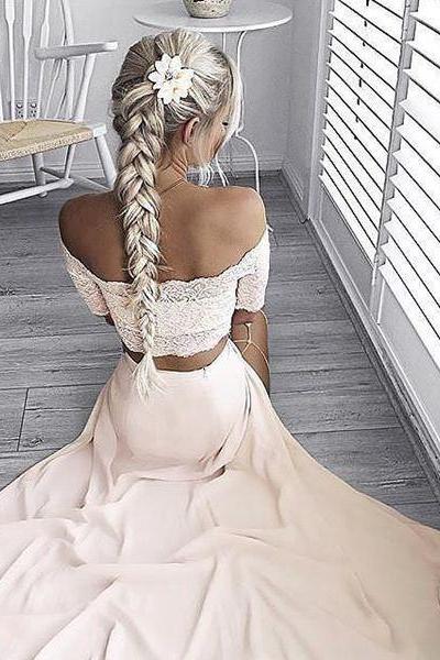 Prom Dress,white Two Pieces Prom Dress,a-line Lace Short Sleeve Evening Dress,formal Dress,party Gown