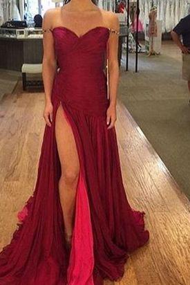 Prom Dress,burgundy Prom Dress, Sweetheart Long Evening Dresses,chic Formal Dress With Slit,fashion Dress For Woman