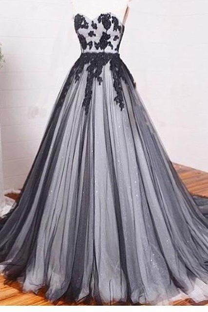 New Arrival Prom Dress,lace prom dresses,A-line black+white tulle lace chiffon long evening dress, formal dresses,grad dresses,woman dresses