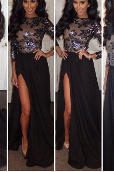 Prom Dress,black Long Sleeve Prom Dress,a-line Sequnis Chiffon Long Prom Dress,grad Dresses