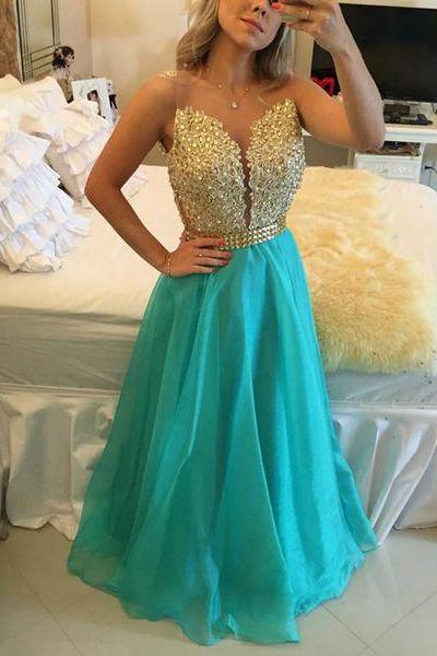 Prom Dress, Long Prom Dresses,golden Lace+blue Chiffon Strapless Evening Dress, Formal Dresses