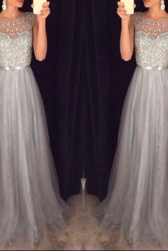 Prom Dress,shiny Grey Prom Dresses,a-line Beading Tulle Prom Dress, 2017 Evening Formal Gowns