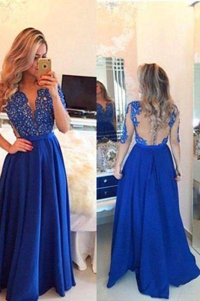 Prom Dress,long Prom Dresses,navy Blue Prom Dresses,half Sleeve See-through Evening Dress,formal Dress
