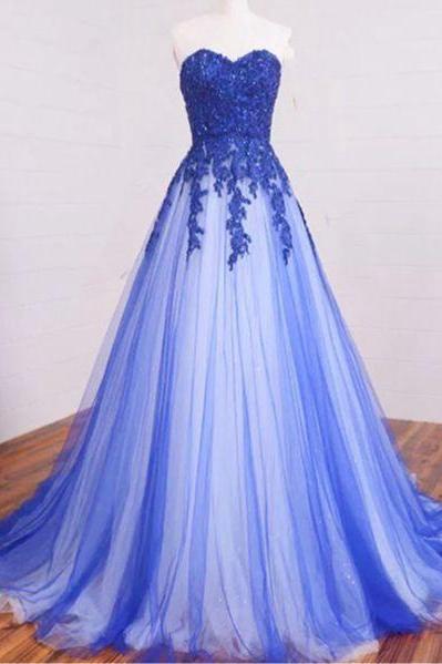 New Arrival Prom Dress,Pretty blue+white tulle long prom dress,sweetheart A-line lace long prom gowns,evening eresses
