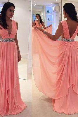Unique Design Pink V-neck Chiffon Long Prom Dress,formal Dresses