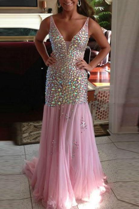 Rhinestone Prom Dress,Pink Prom Dress,Deep V Neck Prom Dress,Fashion Prom Dress,Sexy Party Dress, New Style Evening Dress