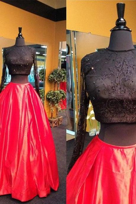 Two Pieces Prom Dress,beaded Prom Dress,long Sleeve Prom Dress,fashion Prom Dress,sexy Party Dress, Style Evening Dress