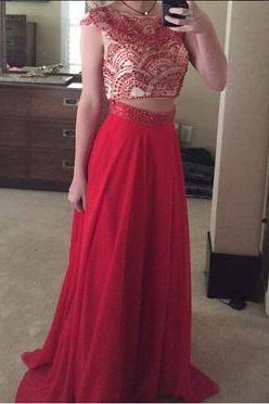 Two Pieces Prom Dress,beaded Prom Dress,red Prom Dress,fashion Prom Dress,sexy Party Dress, Style Evening Dress
