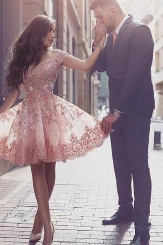 Pink Prom Dress,applique Prom Dress,lace Prom Dress,fashion Homecoming Dress,sexy Party Dress, Style Evening Dress