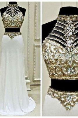 Beaded Prom Dress,halter Prom Dress,two Pieces Prom Dress,fashion Prom Dress,sexy Party Dress, Style Evening Dress