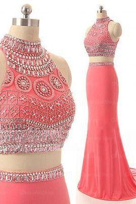 Halter Prom Dress,two Pieces Prom Dress,beaded Prom Dress,fashion Prom Dress,sexy Party Dress, Style Evening Dress
