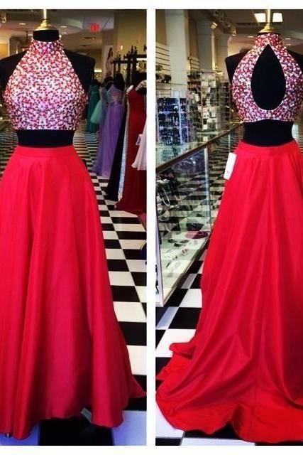 Halter Prom Dress,beaded Prom Dress,two Pieces Prom Dress,fashion Prom Dress,sexy Party Dress, Style Evening Dress