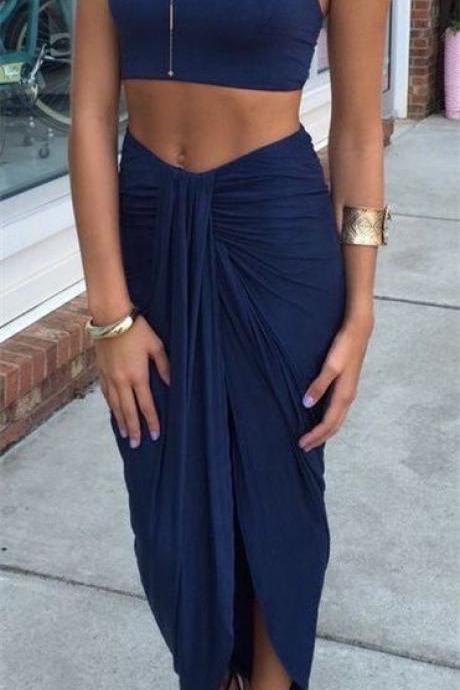 Two Pieces Prom Dress,navy Blue Prom Dress,bodycon Prom Dress,fashion Prom Dress,sexy Party Dress, Style Evening Dress