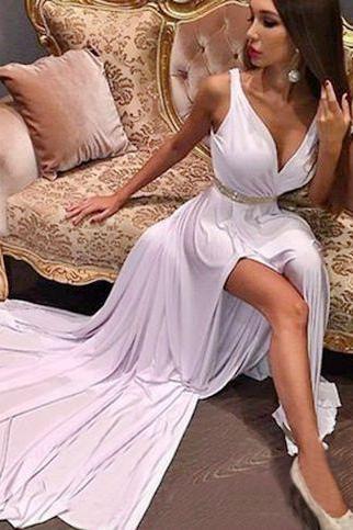 Deep V Neck Party Dress,beaded Prom Dress,split Prom Dress,fashion Prom Dress,sexy Party Dress, 2017 Evening Dress