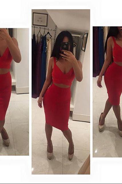 Two Pieces Prom Dress,red Prom Dress,bodycon Prom Dress,fashion Prom Dress,sexy Party Dress, 2017 Evening Dress,homecoming Dresses