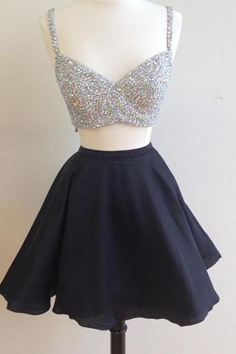 Homecoming Dresses,beaded Top Black Satin Two Piece Homecoming Dresses 2017 Semi Formal Dress