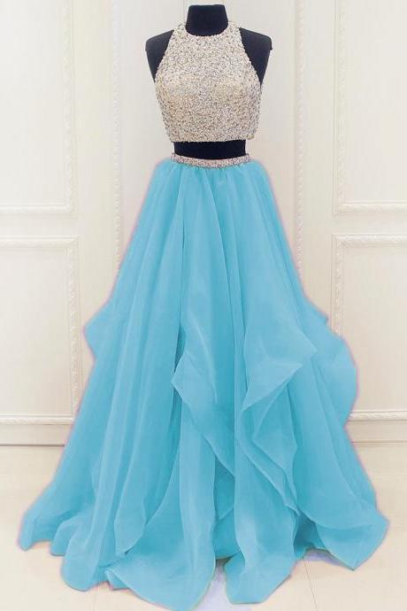 Prom Dress,modest Prom Dress,stunning Sequins And Beaded Top Organza Ruffles Two Piece Prom Dress 2017
