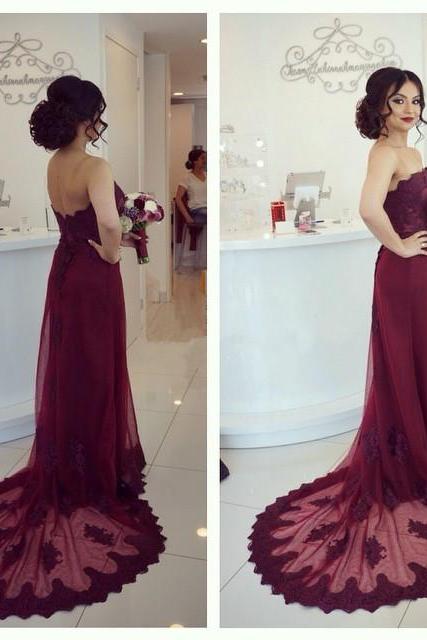 Prom Dress,modest Prom Dress,a Line Lace Sweetheart Long Tulle Sweep Train Burgundy Prom Dresses 2017 Elegant Evening Gowns
