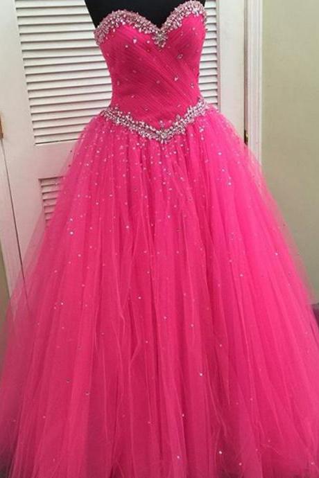 Prom Dress,modest Prom Dress,pink ,organza ,ball Gowns ,quinceanera Dresses, With Crystal ,beaded ,sweetheart ,2017 Design,prom Dresses