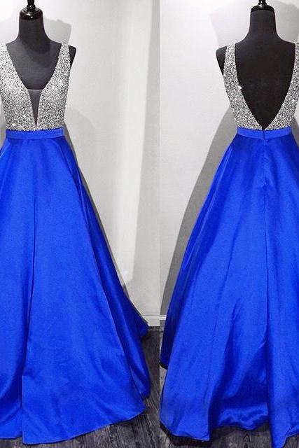 Prom Dress,modest Prom Dress,long Satin V Neck Royal Blue Prom Dresses Ball Gowns 2017