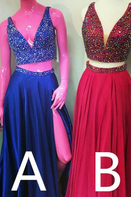 Prom Dress,modest Prom Dress,two Piece Prom Dresses,satin Prom Gowns,prom Dresses 2017,sexy Long Party Dresses,crystal Beaded Dress