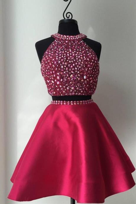 Homecoming Dresses,sequins And Pearl Beaded Halter Short Satin Homecoming Dresses 2017 Two Piece Prom Dress