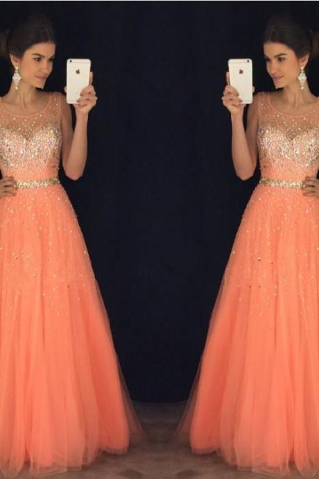 New Arrival Prom Dress,Modest Prom Dress,coral prom dresses,cap sleeves prom gowns,long evening dress,beaded prom dresses 2017