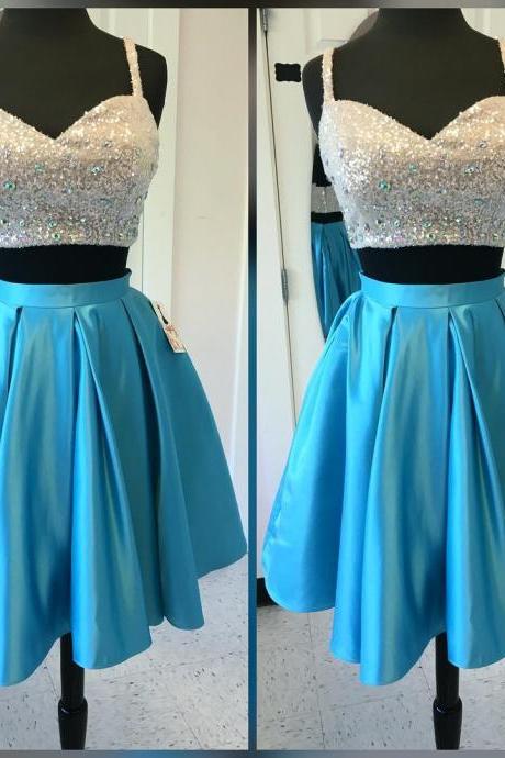 Homecoming Dresses,women&amp;#039;s Party Dresses,short Satin Two Piece Homecoming Dresses With Sequin Top,sparkly Prom Gowns,short Cocktail
