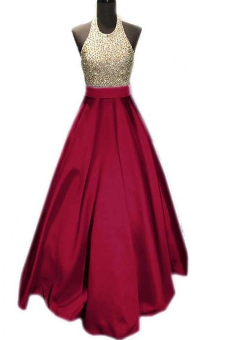 Prom Dress,modest Prom Dress,beaded Halter Long Satin Burgundy Prom Dresses Ball Gowns 2017 Real Sample Evening Gowns
