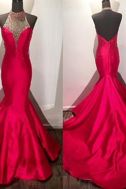 Prom Dress,modest Prom Dress,beaded Halter Long Satin Fuchsia Mermaid Evening Dress,long Prom Dresses 2017 With Open Back